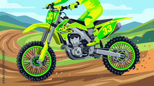 A vibrant green motocross bike with rider on a dirt track, kicking up dust during a race.