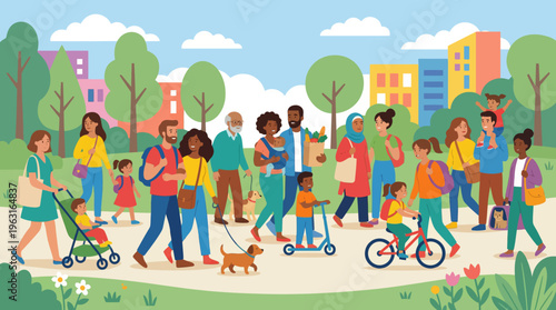 A vibrant illustration depicting a diverse community of people of all ages enjoying outdoor activities in a lively urban park.