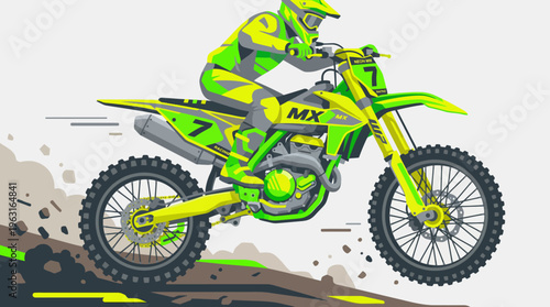 Vibrant illustration of a motocross rider on a green and yellow dirt bike jumping over a dirt track, kicking up dust.