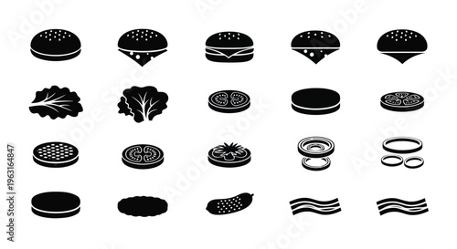 Various stylized illustrations of burgers and wavy patterns resembling ocean waves