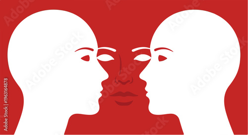 Dual Identity Perception Concept with Two Human Profiles Forming Third Face in Negative Space Illustration