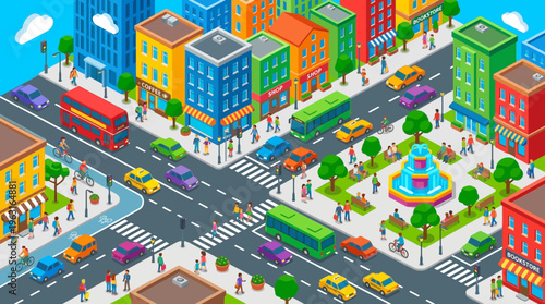 Isometric view of a bustling city with colorful buildings, busy roads, cars, buses, pedestrians, and a central park with a fountain.