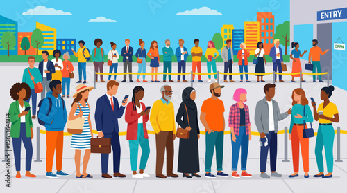 A diverse group of people from various backgrounds standing in two long queues outside an urban building, waiting to enter.