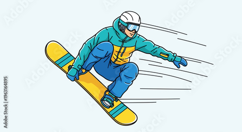 Snowboarder carving downhill in dynamic winter sports illustration