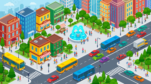 Isometric city illustration with buildings, roads, vehicles, people, and a central park with a fountain, depicting urban life and transportation.
