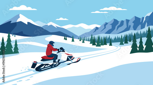 A person riding a snowmobile through a beautiful snowy mountain landscape with pine trees under a clear blue sky, depicting winter adventure.