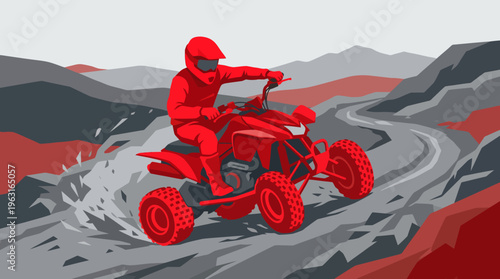 A vibrant red ATV with a rider in full gear navigates a challenging winding dirt trail through a rugged, grey and red mountainous landscape, showcasing off-road adventure.