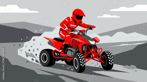 A person in a red suit riding a red ATV off-road, kicking up dirt on a grayscale mountainous terrain.