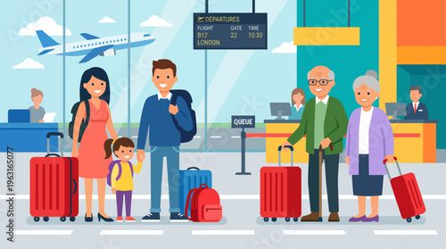 Two families, a young couple with a child and an elderly couple, stand with their luggage inside a busy airport terminal, ready for their flight.