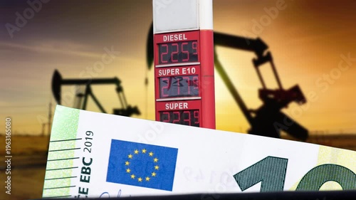 Euro Geldscheine und hohe Preise an einer Tankstelle wegen Inflation, Krise oder einem Krieg	