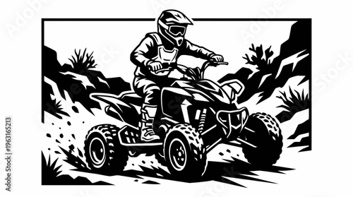 Black and white illustration of an ATV rider navigating rugged off-road terrain, wearing a helmet and protective gear, with dirt splashing around the wheels.