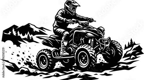 Black and white illustration of an ATV rider navigating a challenging off-road trail with mountains in the background, depicting speed and adventure.