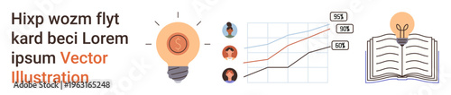 Business strategy, education, innovation, teamwork, progress tracking, knowledge sharing. Lightbulb, graph with upward trends user icons open book with lightbulb. Innovation and business strategy