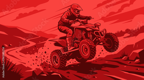 Dynamic illustration of an ATV rider jumping over rugged off-road terrain under a dramatic red sky, showcasing extreme sports and adventure.