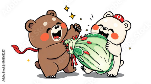Bear Cartoon Characters Happily Eating and Sharing a Large Fresh Lettuce Head