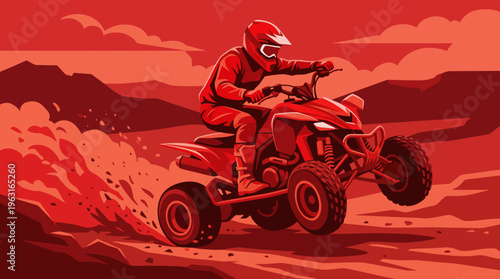 An energetic illustration of a person riding an all-terrain vehicle (ATV) off-road, kicking up dust in a vibrant red and orange landscape.
