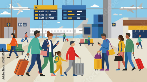 Diverse group of travelers with luggage walking through a bustling modern airport terminal with departure boards and airplanes visible outside.