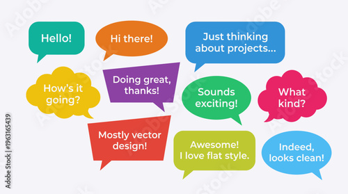 Colorful speech bubbles with various conversational phrases on a light background, illustrating communication and dialogue.
