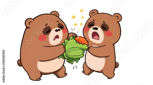 Bear Cartoon Characters Playfully Struggle over a Fresh Head of Lettuce with a Carrot
