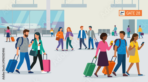 Diverse group of travelers walking with luggage through a busy airport terminal with an airplane visible outside and a gate sign.