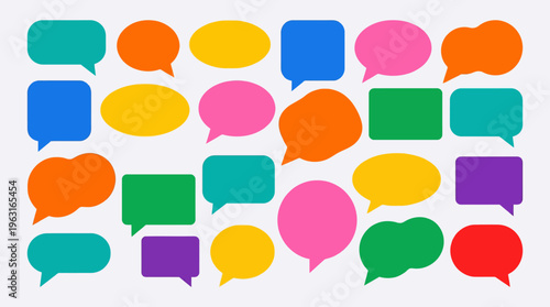 A vibrant collection of colorful speech bubbles and thought balloons in various shapes and sizes, arranged on a white background, representing communication and dialogue.