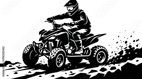 Dynamic black and white illustration of an ATV rider kicking up dirt on an off-road track, showcasing speed and adventure.