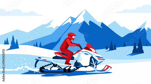 An illustration of a person in a red suit riding a snowmobile through a snowy mountain landscape with pine trees under a clear sky.