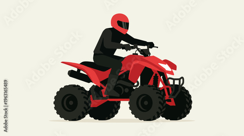 Illustration of a person in a helmet and black suit riding a red all-terrain vehicle with large tires.