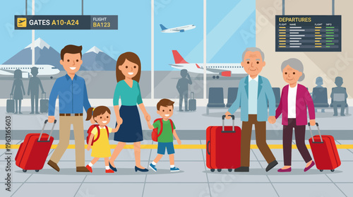 Families with children and an elderly couple walking through a busy airport terminal with luggage, ready for their flight.
