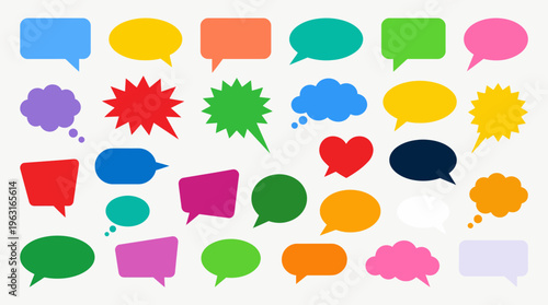 A vibrant collection of diverse speech and thought bubbles in various colors and shapes, ideal for communication concepts and graphic design.