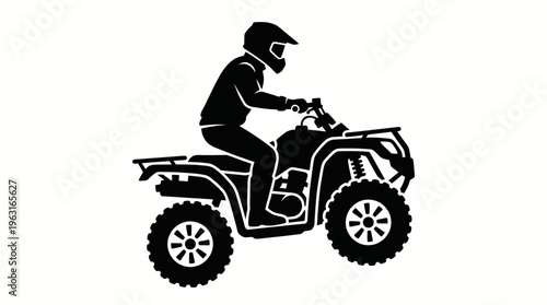 Silhouette of a person wearing a helmet and riding an all-terrain vehicle (ATV) on a white background.