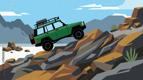 A green 4x4 off-road vehicle climbing a steep, rocky mountain path with a lake and mountains in the background, illustrated in a flat design style.