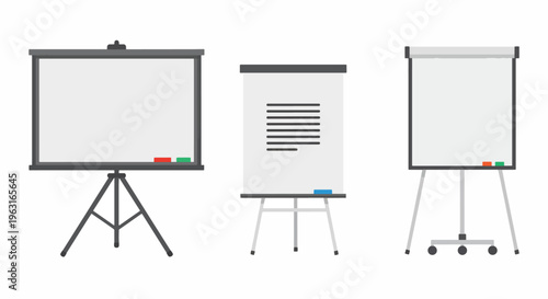 Three different types of presentation boards on stands for teaching and business meetings in offices and classrooms
