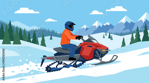 Person riding a red snowmobile through a snowy winter landscape with mountains and pine trees.