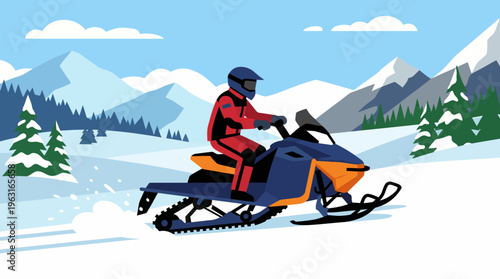 A person in a red snowsuit and helmet rides a snowmobile through a snowy mountain landscape with pine trees under a blue sky.