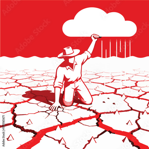 Water Scarcity Concept with Farmer Holding Storm Cloud Over Dry Land Symbolizing Climate Crisis and Agriculture Struggle Illustration