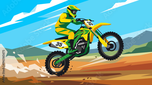 A vibrant illustration of a motocross rider in a green and yellow suit performing a wheelie on a dirt bike, kicking up dust against a dynamic landscape with hills and a blue sky.