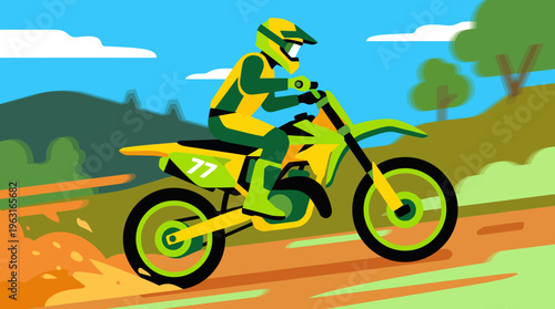 An illustration of a motocross rider on a green and yellow dirt bike kicking up dust on an outdoor track with hills and trees in the background.