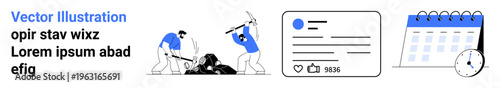 Teamwork, project deadlines, time management, social media engagement, collaboration, and workplace organization. Two people working together with a pickaxe, social media post, and calendar