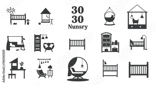A collection of thirty icons depicting various nursery themes and furniture essentials