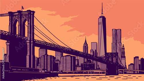 Iconic Metropolitan Skyline Silhouette Featuring Large Suspension Bridge Structure Against Warm Toned Sky Background new york skyline