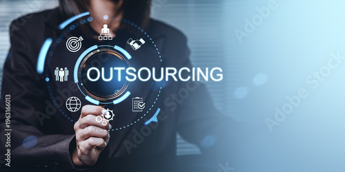 Картината върху платно Business person touching digital outsourcing interface with futuristic icons illustrating corporate service delegation concept in modern workspace