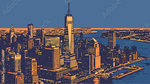 Aerial View of Tall Modern Skyscraper Dominating a Dense Metropolitan Skyline at Dusk Over Water Body new york skyline