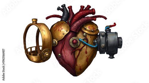 Steampunk Mechanical Anatomical Heart Illustration with Gold and Metal Details
