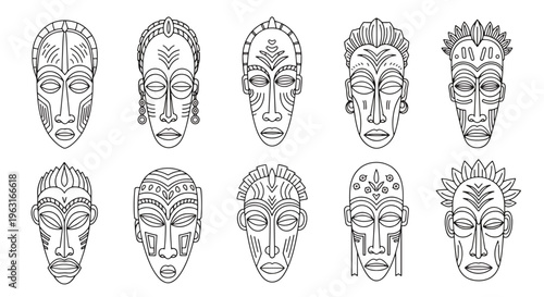 Collection of unique African tribal masks with various designs and patterns on a plain surface