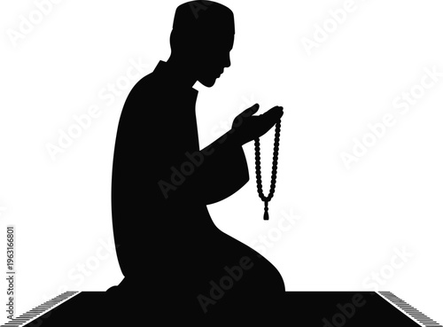 Silhouette person kneeling on prayer mat with beads, hands raised in supplication, Islamic devotion spirituality religion vector illustration design