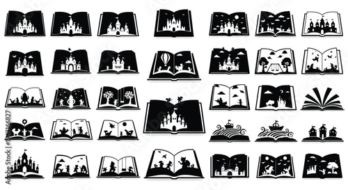 Silhouettes of people engaging with various open books in different settings