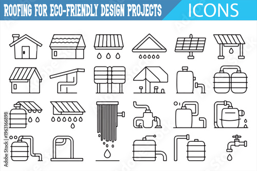 Eco friendly house design icons set with solar energy and water conservation