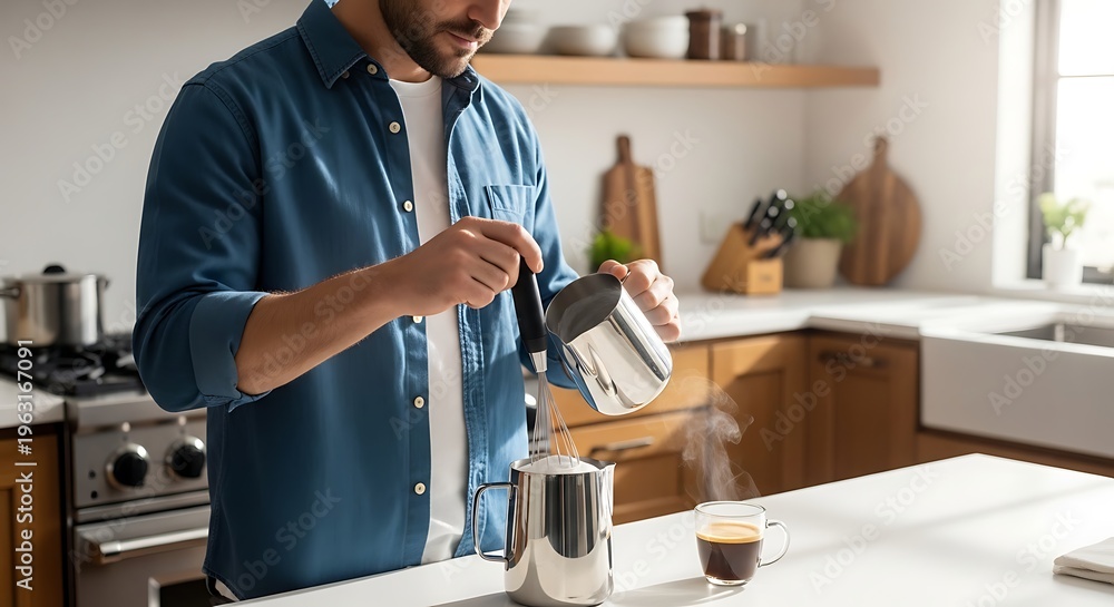 Fototapeta premium Man pouring coffee in kitchen.