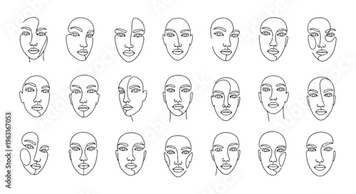 A collection of diverse facial expressions illustrated in a minimalist line art style